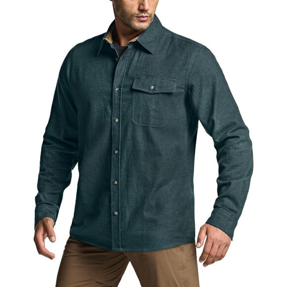 Mens Green Cotton Flannel Shirt Long Sleeve Brushed Soft Casual Outdoor Plaid - Picture 9 of 9